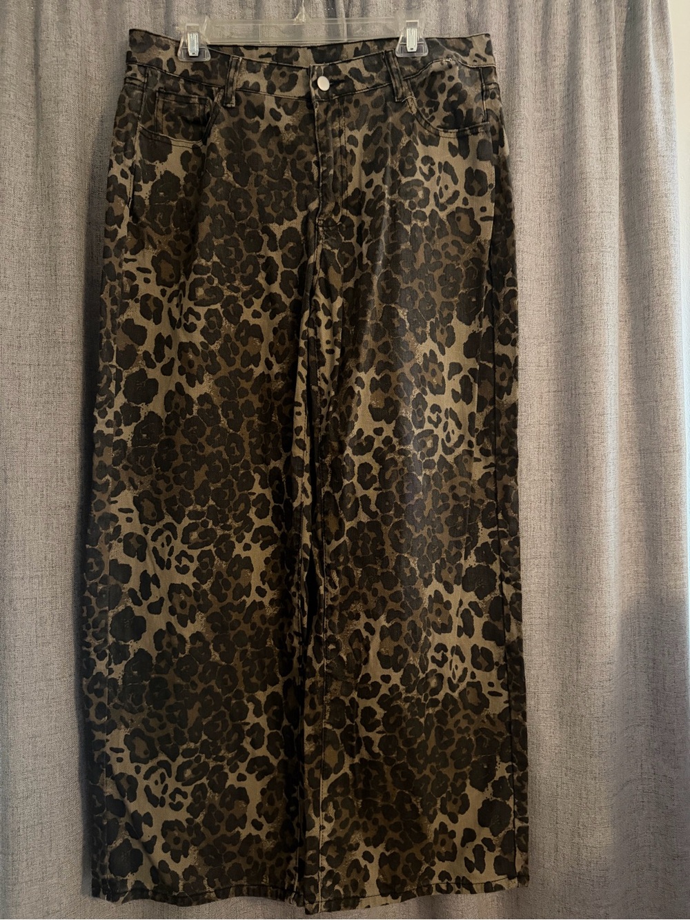 Wide-Leg Denim Leopard Print Pants in Tan/Black